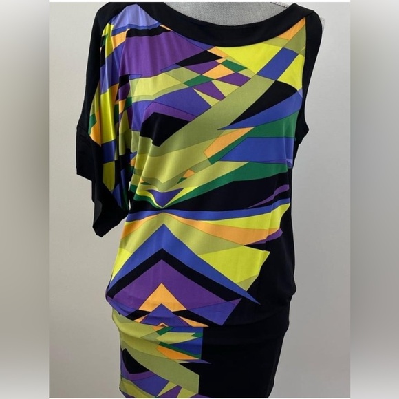 BCBGMaxAzria Tops - Y2k BCBGMaxAzria Abstract Geometric Tunic in Purple, Yellow & Green